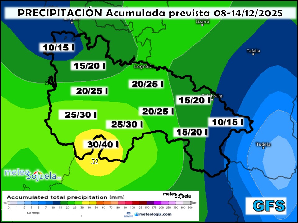 Precipitación Acumulada según GFS. Meteosojuela La Rioja