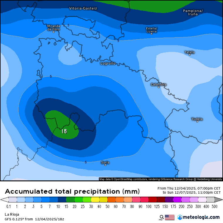Precipitación Acumulada según GFS. Meteosojuela La Rioja