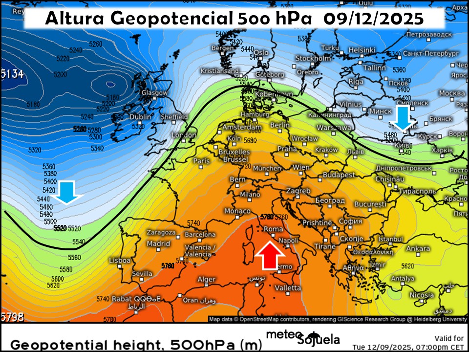 Vaguada en el Atlántico y Dorsal anticiclónica en el Mediterráneo