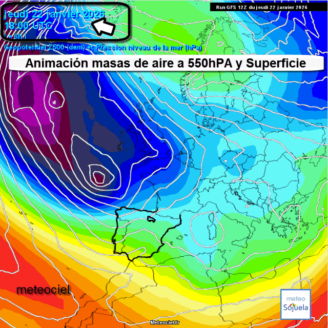 Animación Masas de aire 500hPa y Superficie. Meteosojuela