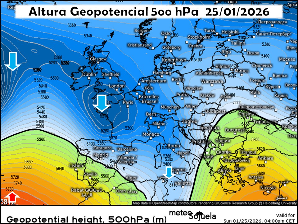 Dorsal en el Atlántico. Vaguada en la península y el Mediterráneo