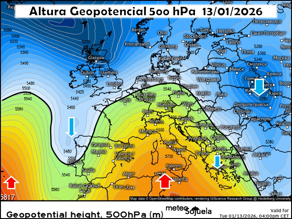 Dorsal en el Mediterráneo y Vaguada alcanzando el NW peninsular