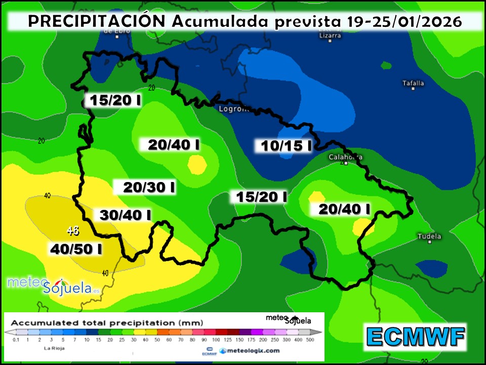 Precipitación Acumulada según ECMWF. Meteosojuela La Rioja