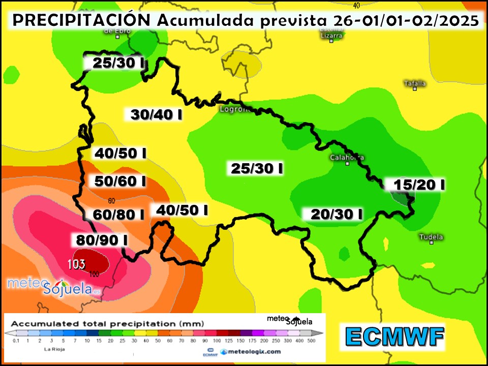 Precipitación Acumulada según ECMWF. Meteosojuela La Rioja