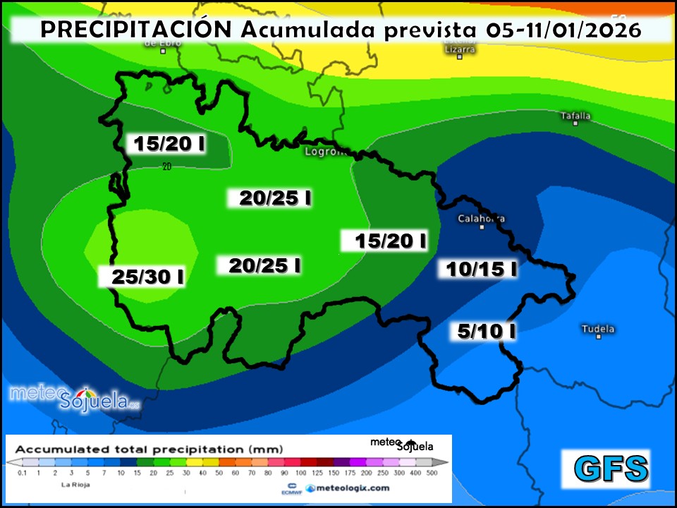 Precipitación Acumulada según GFS. Meteosojuela La Rioja