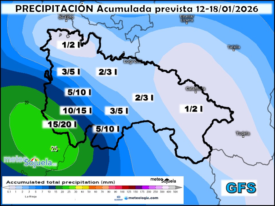 Precipitación Acumulada según GFS. Meteosojuela La Rioja