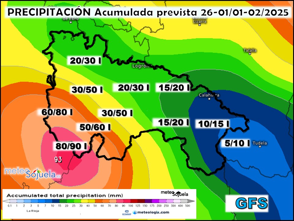 Precipitación Acumulada según GFS. Meteosojuela La Rioja