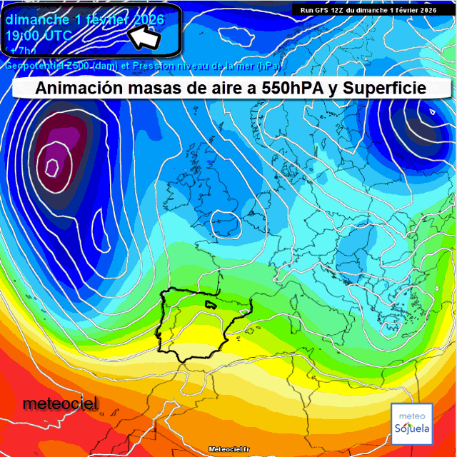 Animación Masas de aire 500hPa y Superficie. Meteociel Meteosojuela
