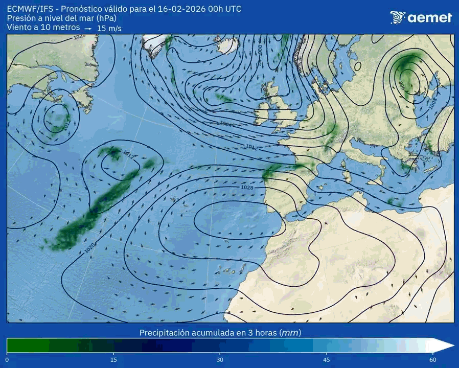 Animación Presión Viento y precipitación AEMET