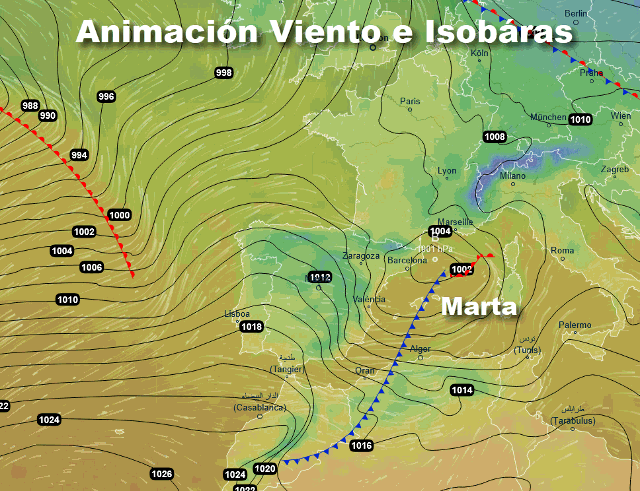 Animación Viento e Isobaras Borrasca Marta