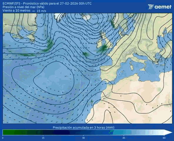 Animación de Presión, Viento y Precipitación AEMET