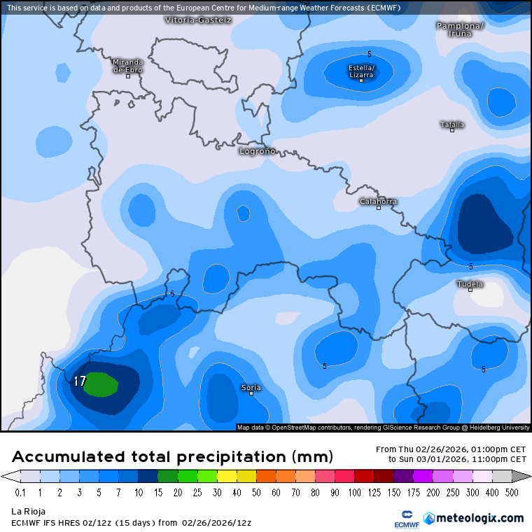 Precipitación Acumulada según ECMWF. Meteosojuela La Rioja