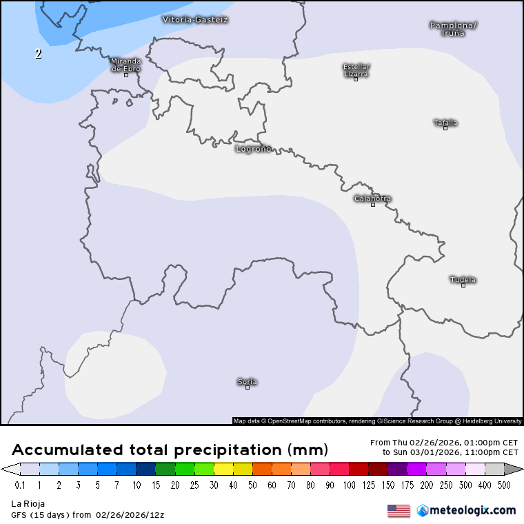 Precipitación Acumulada según GFS. Meteosojuela La Rioja