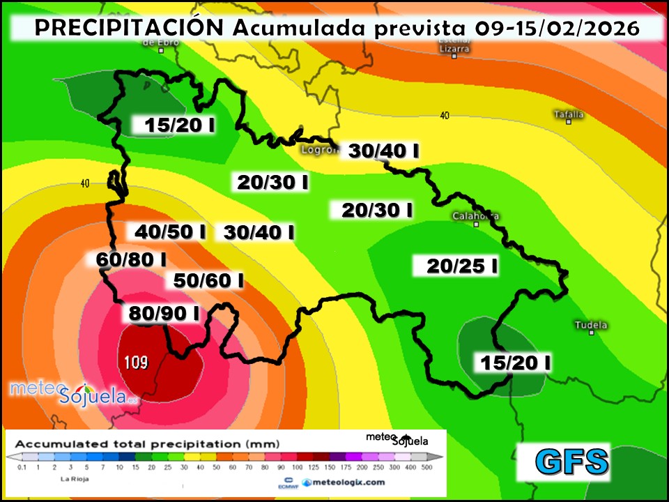 Precipitación Acumulada según GFS. Meteosojuela La Rioja