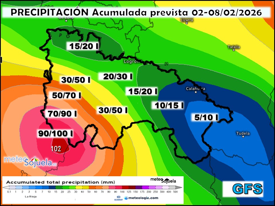 Precipitación Acumulada según GFS. Meteosojuela La Rioja