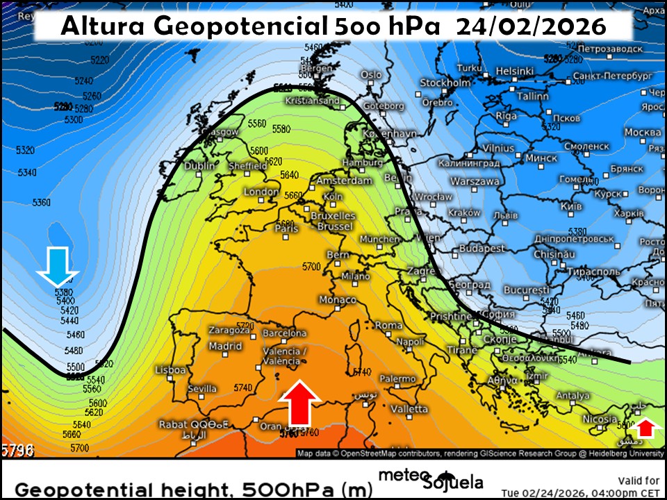 Vaguada en el Atlántico y Dorsal anticiclónica en el Mediterráneo