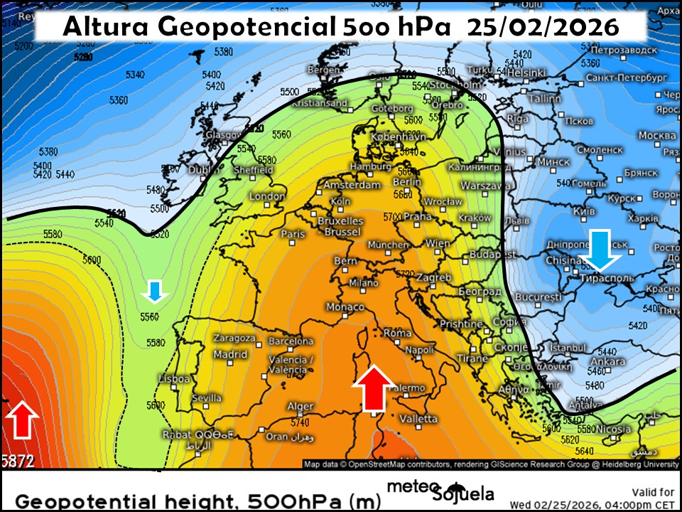 Vaguada aislándose en el Atlántico y Dorsal anticiclónica en el Mediterráneo