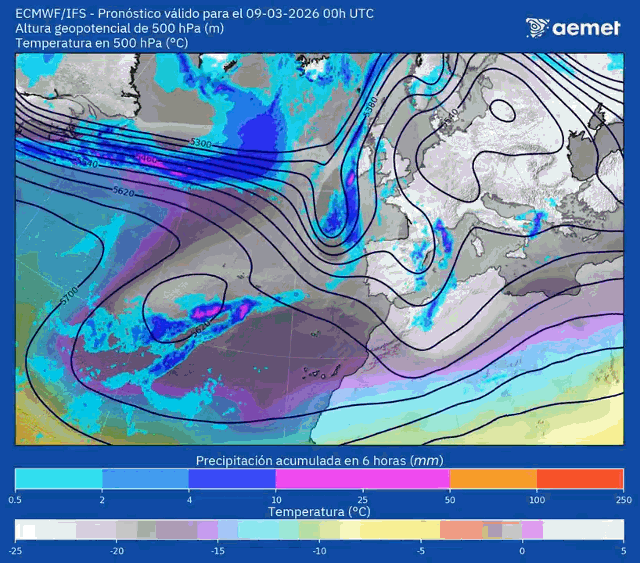 Animación Altura geopotencial 500hPa y precipitación AEMET