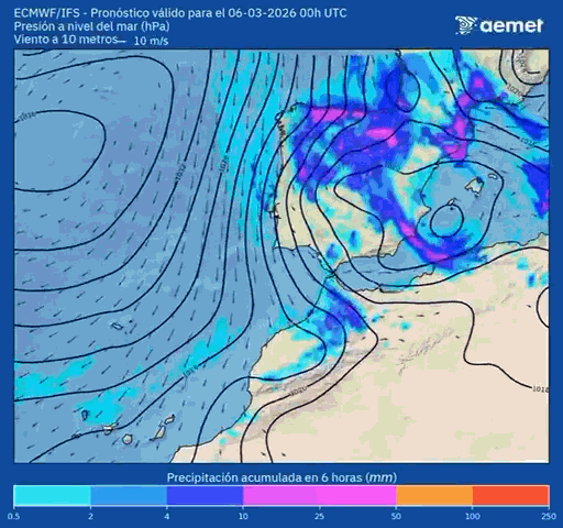 Animación Presión Viento y precipitación AEMET