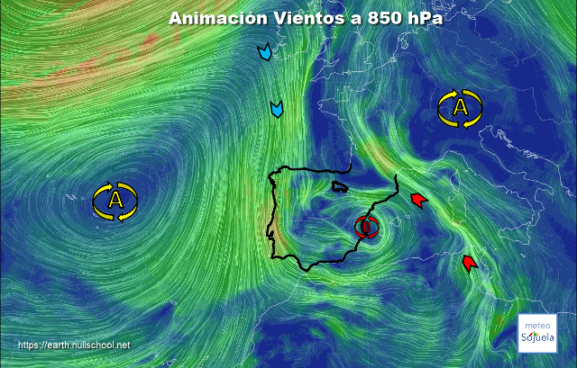 Animación Viento 850hPa Altas presiones y BFA