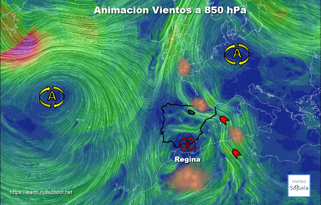 Animación Viento 850hPa Borrasca Regina y Calima.