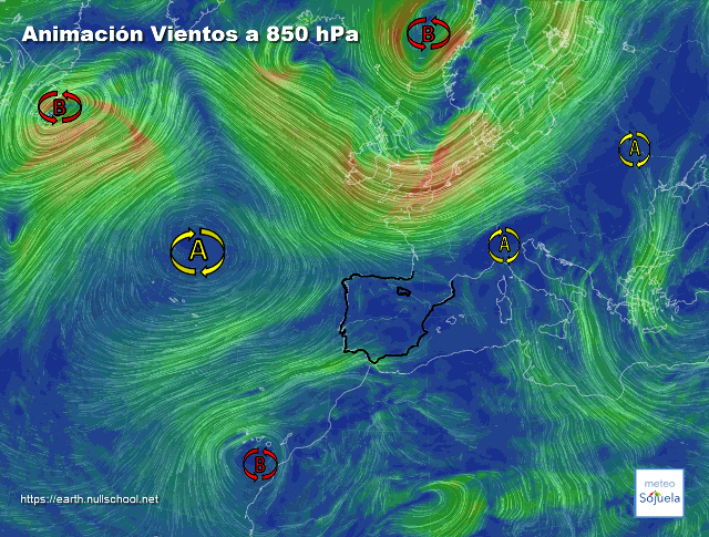 Animación Viento 850hPa. Altas presiones y Borrasca Therese