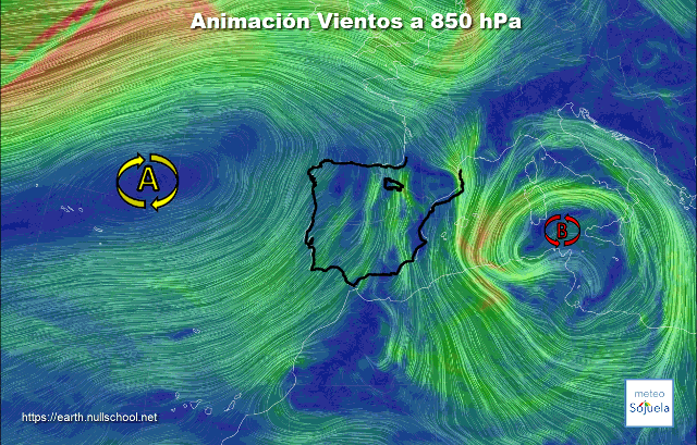 Animación Viento 850hPa. Anticiclón Atlántico Borrasca Mediterraneo Cierzo