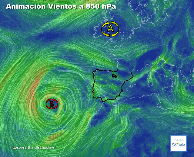 Animación Viento 850hPa. Borrasca Therese