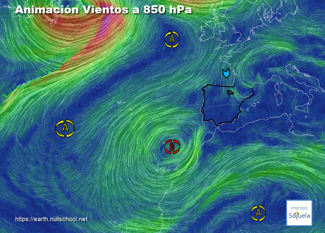 Animación Viento 850hPa. Borrasca Therese. Viento del N