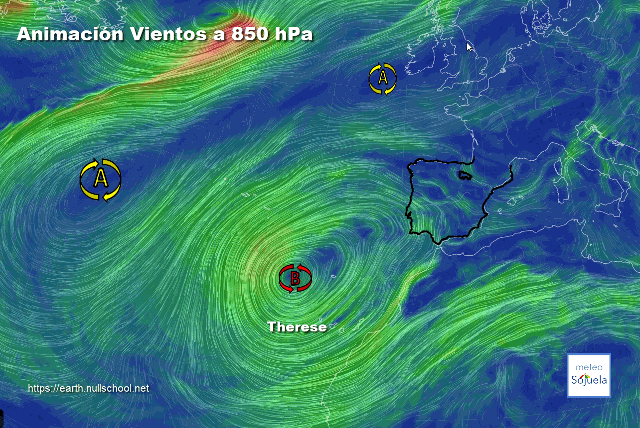Animación Viento 850hPa. Borrasca Therese. Viento del SE