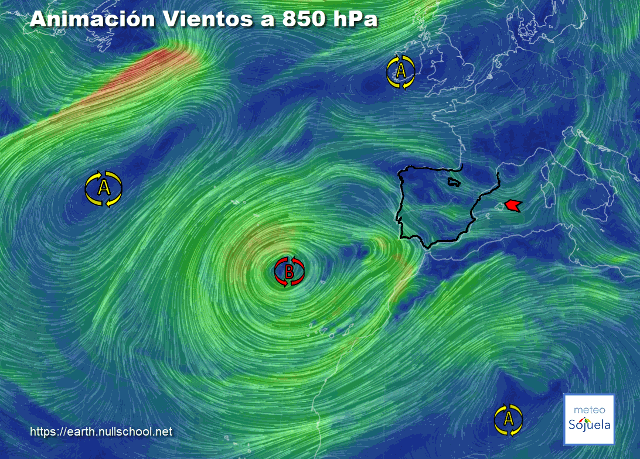 Animación Viento 850hPa. Borrasca Therese. Viento del SE
