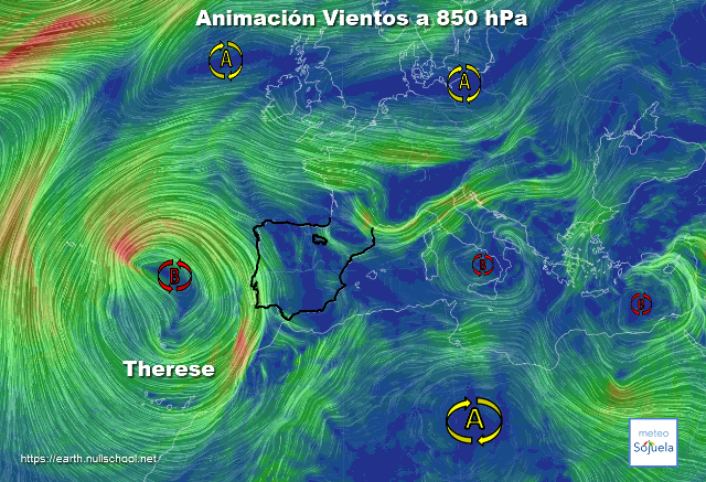 Animación Viento 850hPa. Borrasca Therese