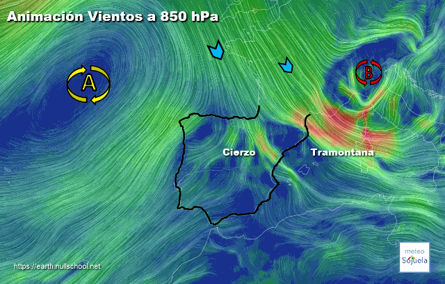 Animación Viento 850hPa. Cierzo y tramontana