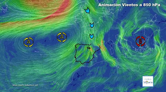 Animación Viento 850hPa. Situación de NW y CIERZO