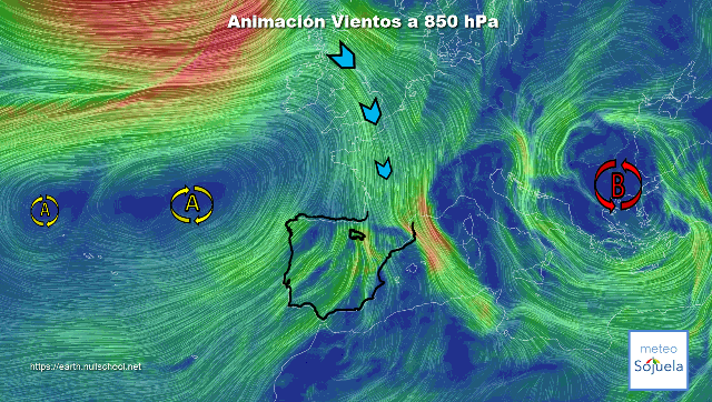 Animación Viento 850hPa. Situacion de NW y cierzo