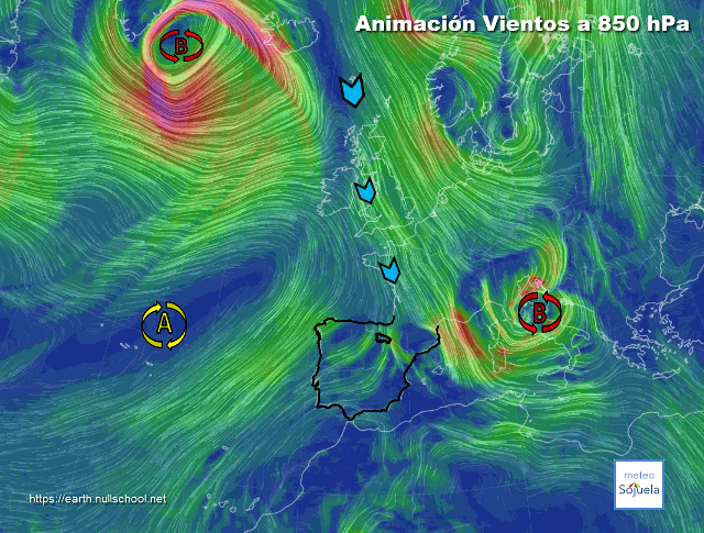 Animación Viento 850hPa. Situación de NW