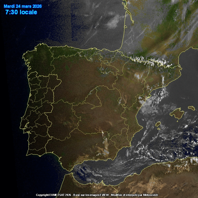 Animación imágenes satélite Meteosat. Despejado y frentes acercándose