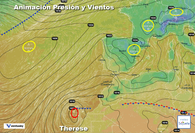 Animación presión y viento, Borrasca Theres y Altas Presiones Ventusky