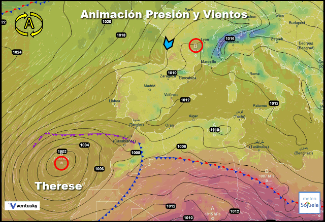 Animación presión y viento, Borrasca Theres y Baja. Ventusky