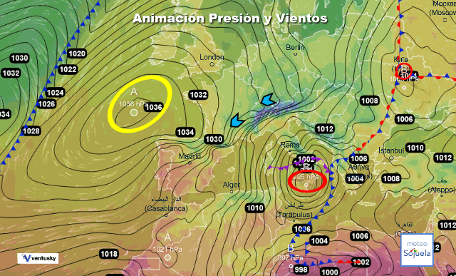 Animación presión y viento, Cierzo Ventusky