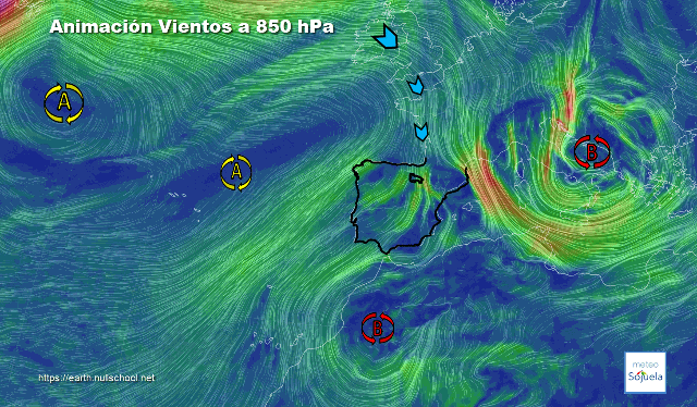 Animación presión y viento, Frente y vientos de NW Earth