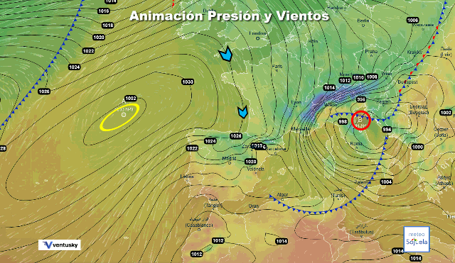Animación presión y viento, Frente y vientos de NW Ventusky
