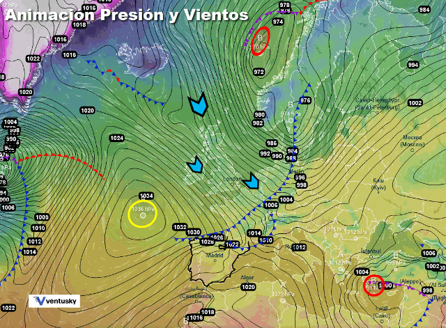 Animación presión y viento, Frente y vientos de NW Ventusky