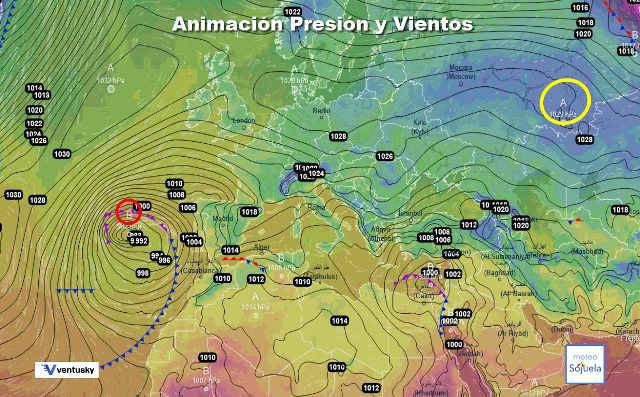 Animación presión y viento, con BFA Ventusky