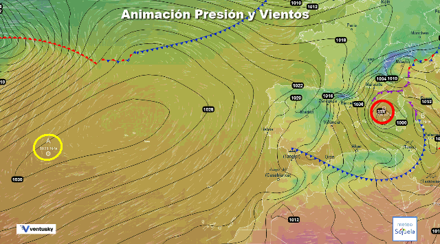 Animación presión y viento, con frente y cierzo. Ventusky