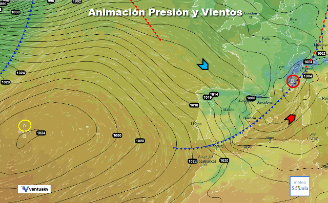 Animación presión y viento, con frente y cierzo. Ventusky