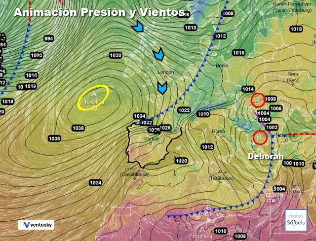 Animación presión y viento. Situación de NW y Cierzo Ventusky