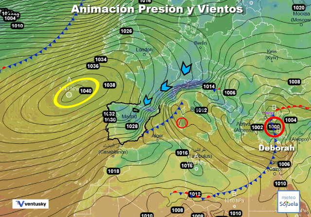 Animación presión y viento. Vientos del Norte y frentes
