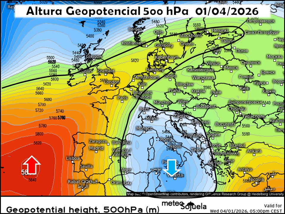 Dorsal en el Atlántico y Embolsamiento de aire frío en el Mediterráneo