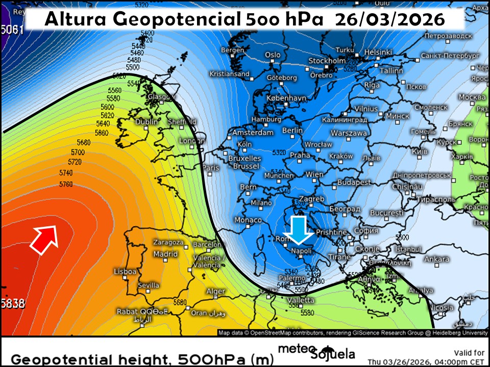 Dorsal en el Atlántico y vaguada en el Mediterráneo